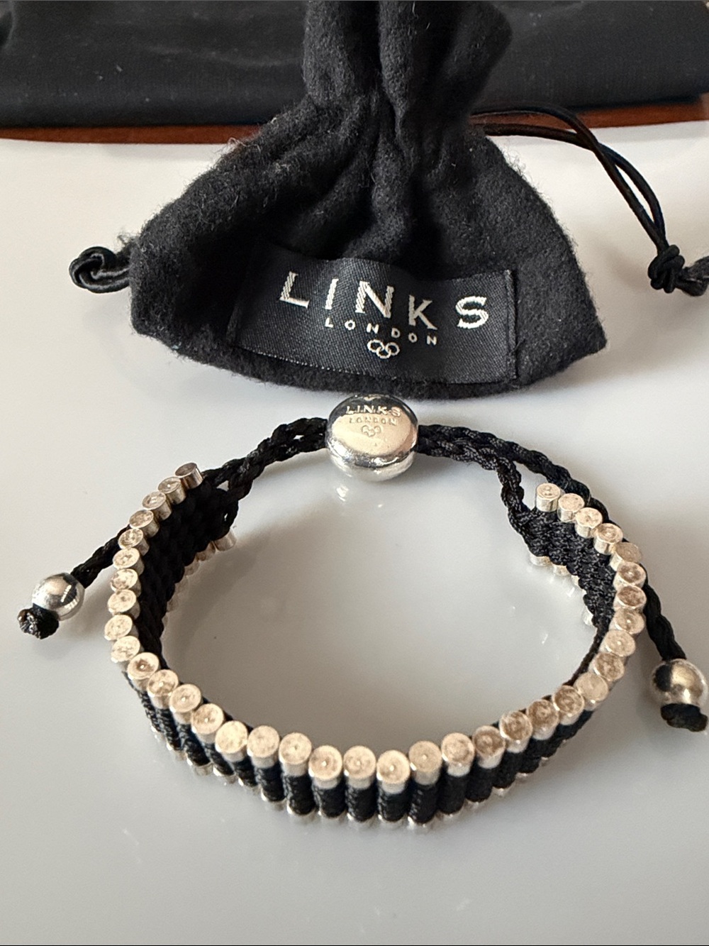 Links London Friendship bracelet in silver with black cord